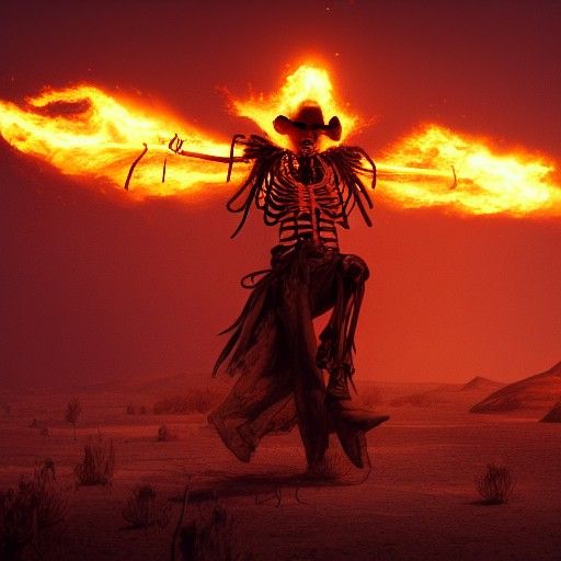 Flaming Skeleton Cowboy in Desert Night: Dark Fantasy Art