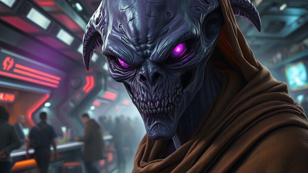 Surreal Space Bar Encounter in a Cyberpunk Setting