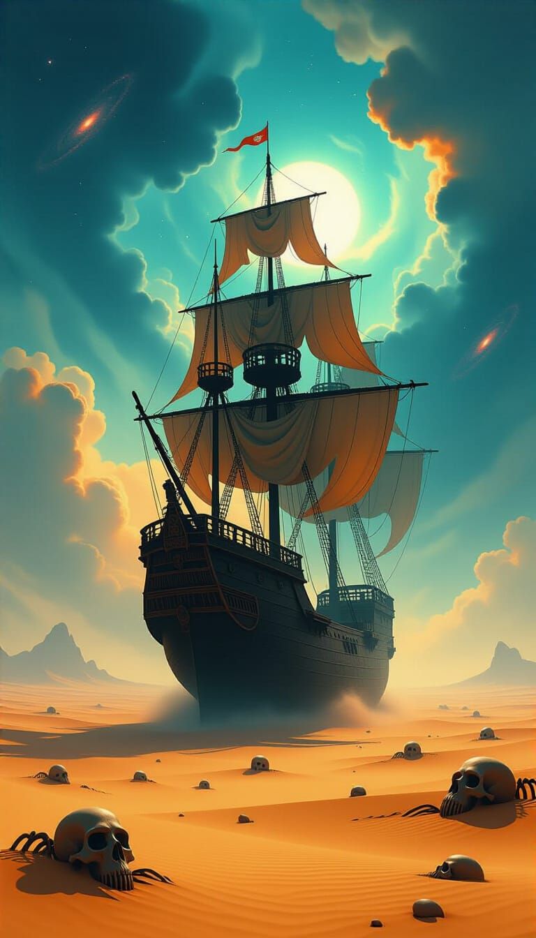 Ghostly Galleon Sails Cosmic Skies Over Ancient Desert
