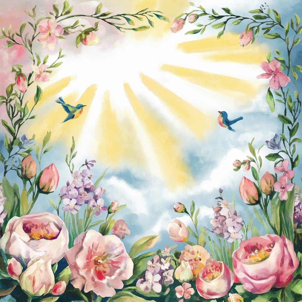 Pastel Watercolor Spring Flowers and Birds