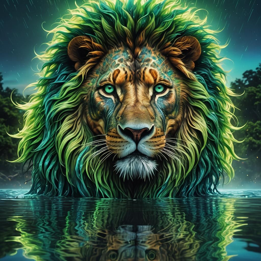 Surreal Lion with Emerald Eyes in Cosmic Dreamscape