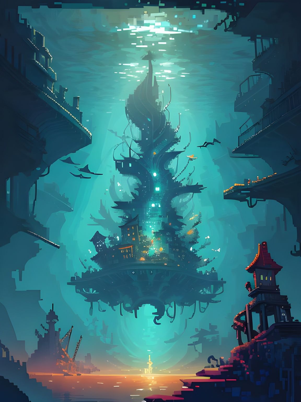 Steampunk Atlantis Underwater City in Pixel Art Style