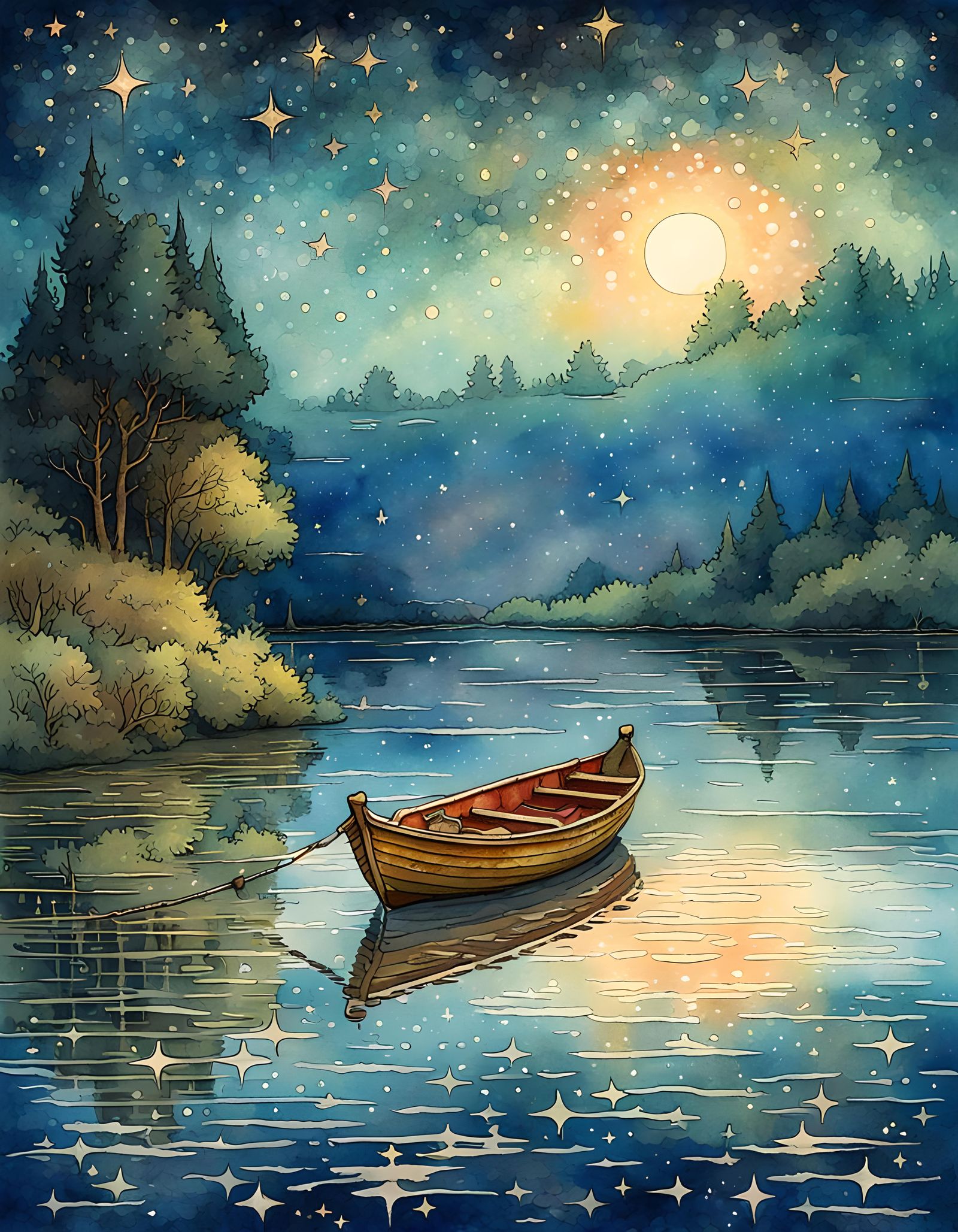 Summer Evening Boat: Digital Watercolor Illustration