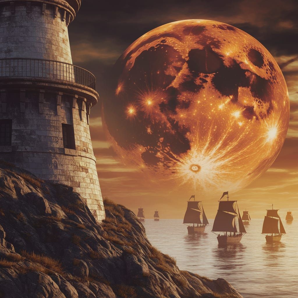 Weathered Lighthouse Under Golden Moonlight