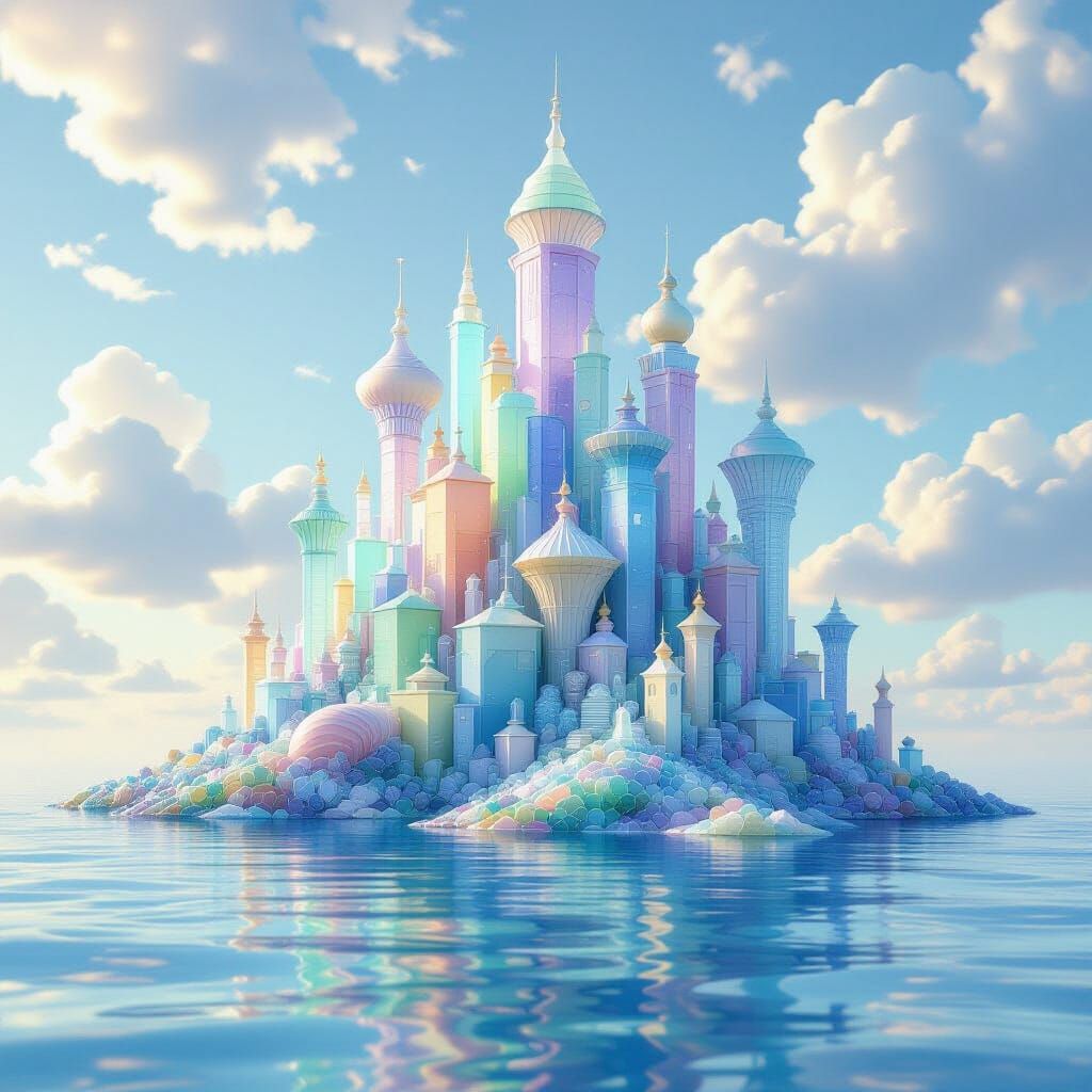 Sea Glass Cityscape Rises From Reflective Ocean