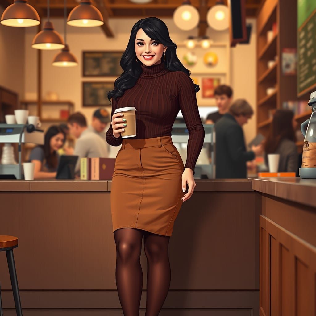 Confident Woman in Coffee Shop, Anime-Inspired Style