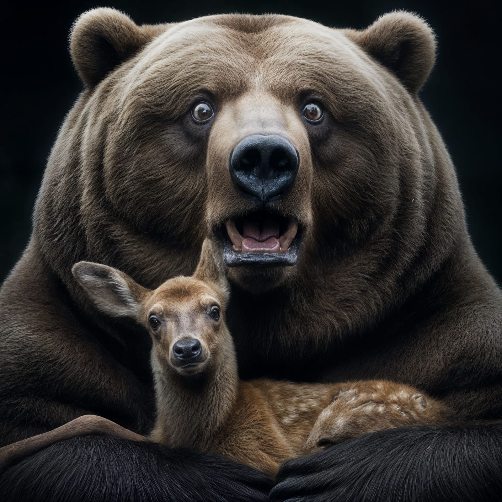 Obese Kodiak Bear Holding Baby Deer Close-Up