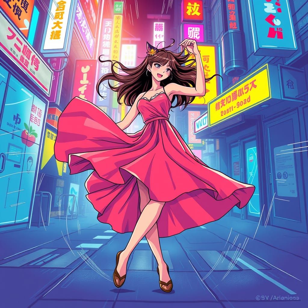 Dynamic Anime Woman Dancing Under Neon Lights