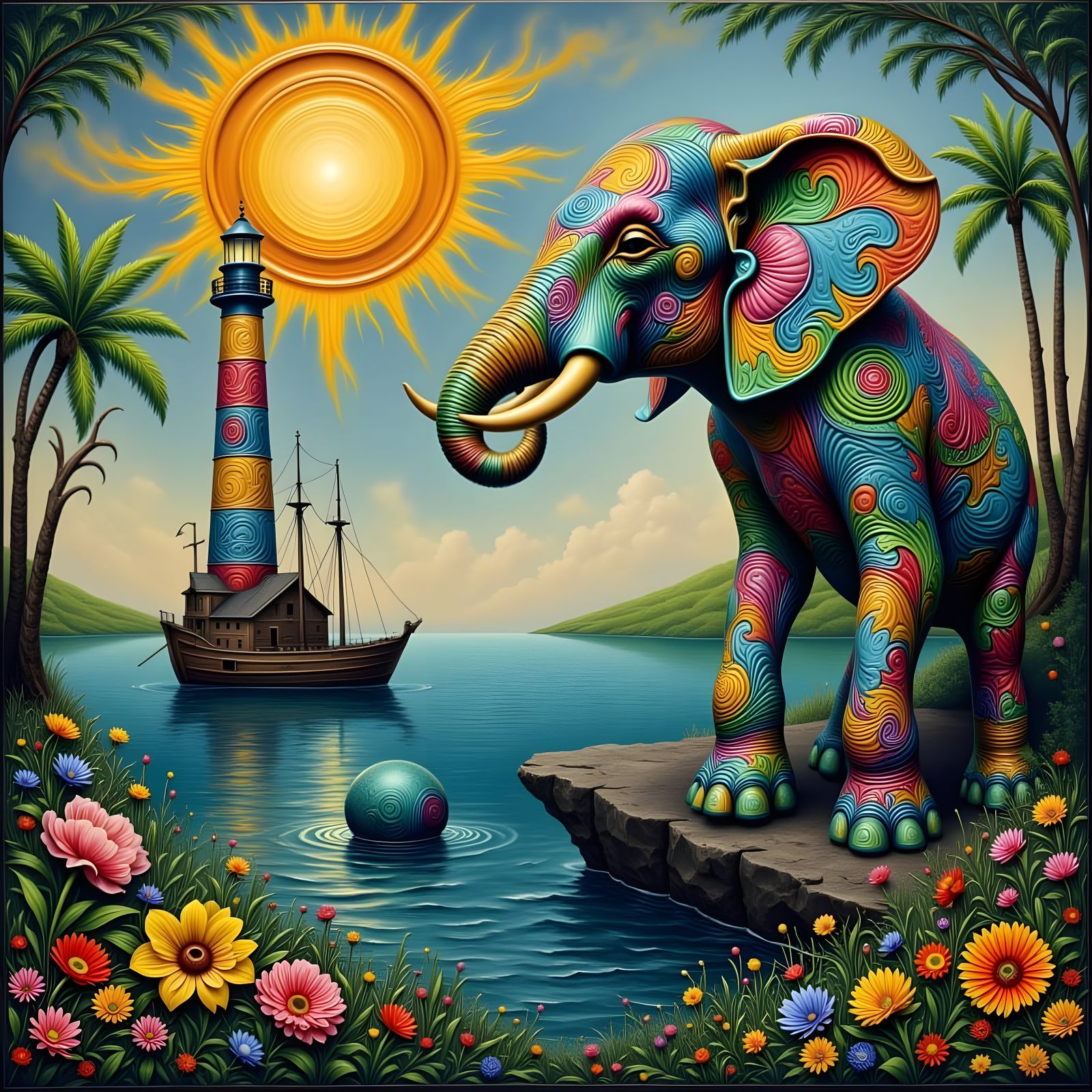 Surreal Pirate Ship Elephant Lighthouse Dreamscape