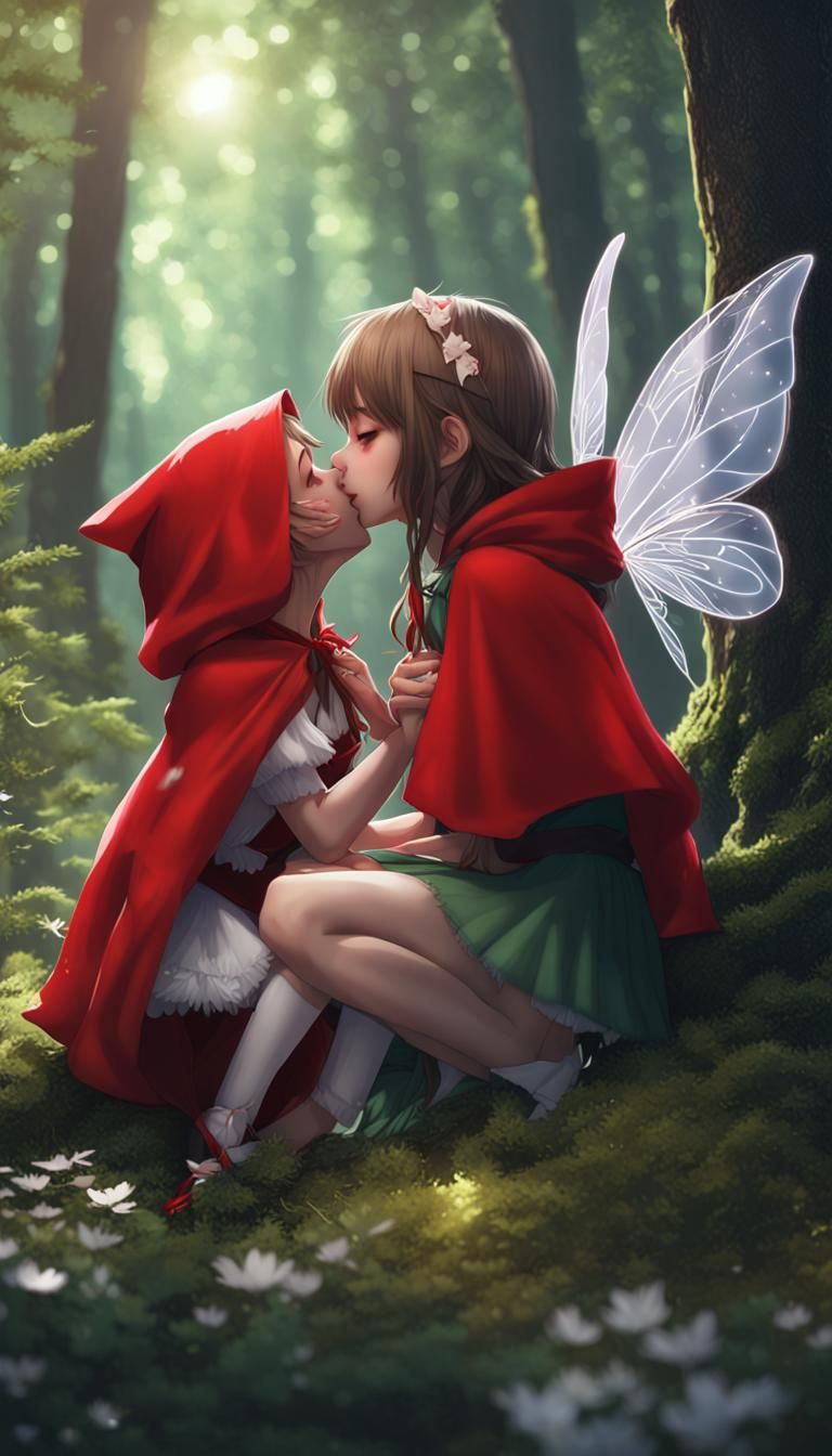 Little Red Riding Hood Kissed by Fairy in 3D Anime Art