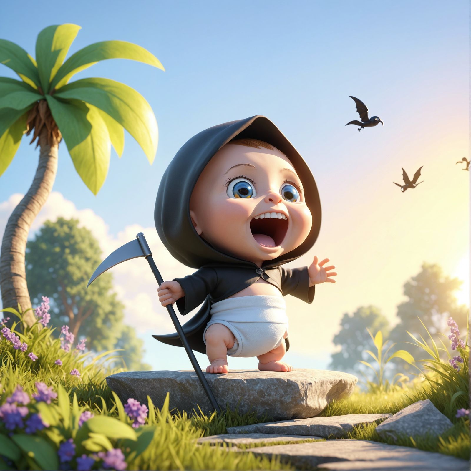 Baby Grim Reaper in Diaper, 3D Cartoon