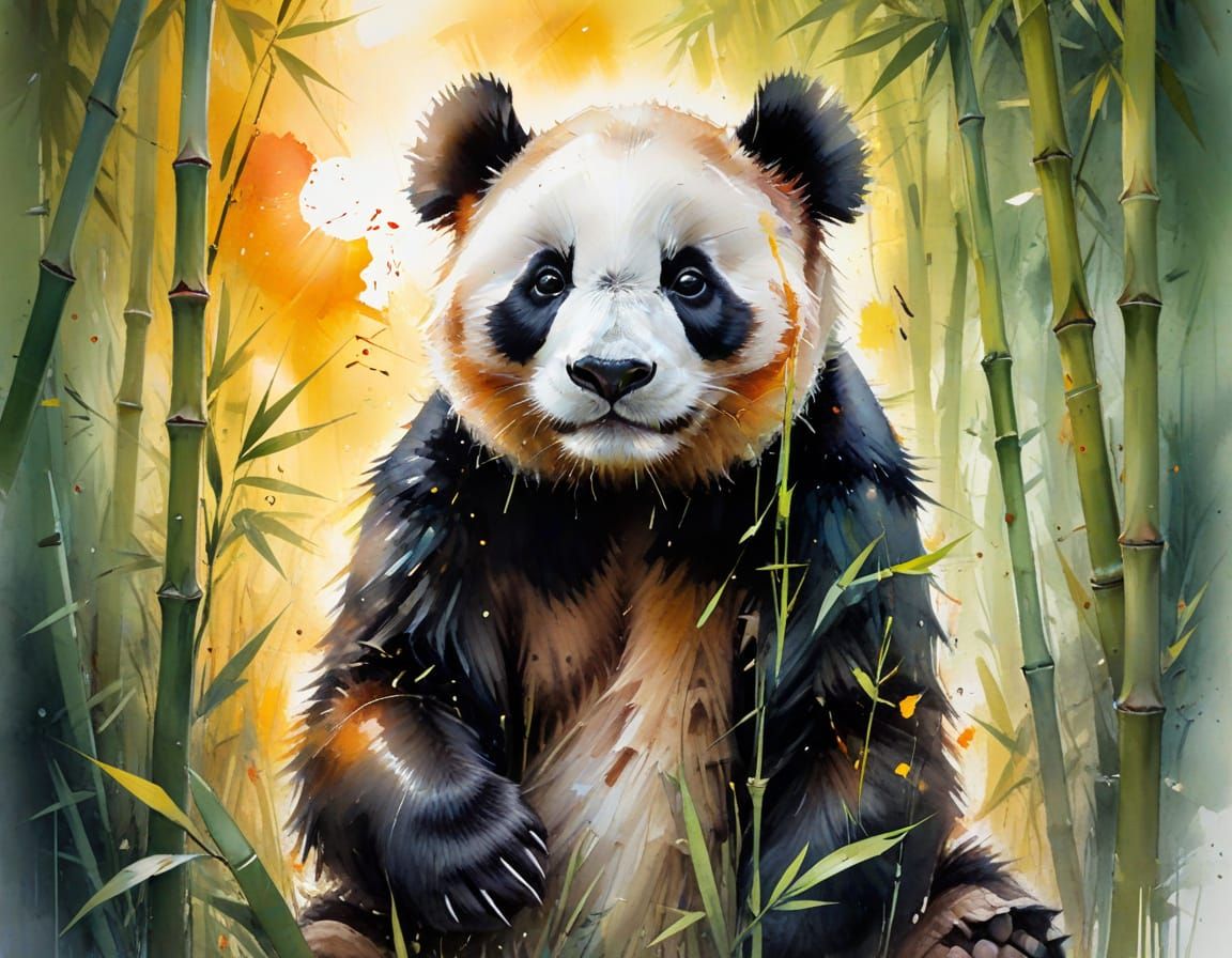 Panda in Summer Bamboo Grove Watercolor Painting