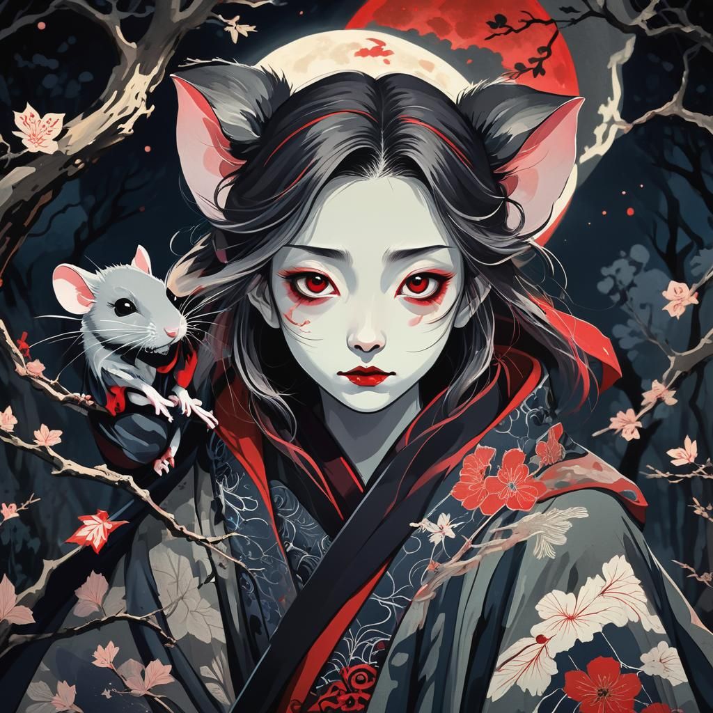 Mouse and Vampire Encounter in Ukiyo-e Style