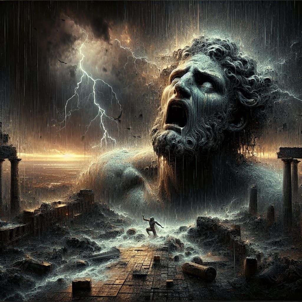 Desolate Greek God Amidst Stormy Ruins