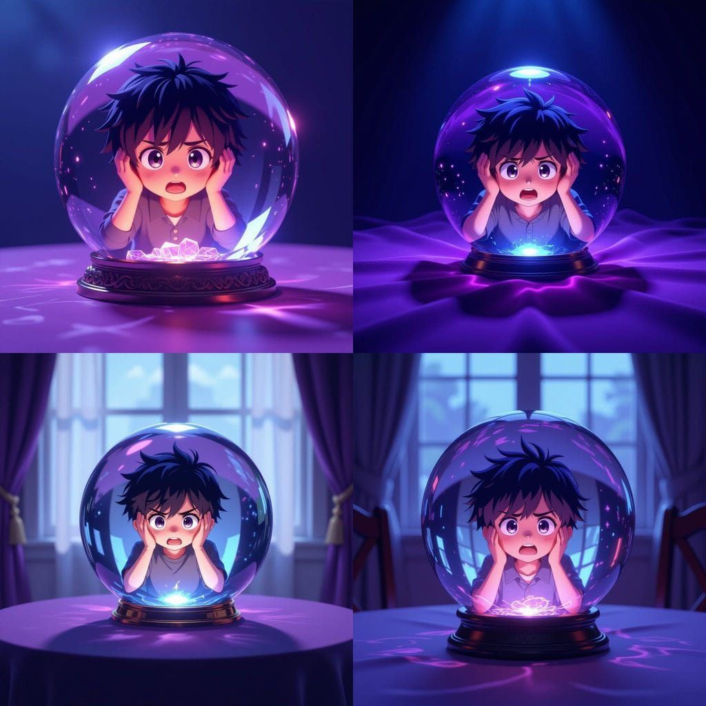 Frightened Boy in Crystal Ball, Gloomy Purple Hues