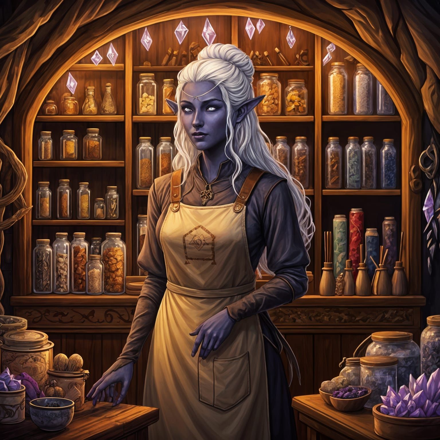 Drow Merchant in Cozy Cave Shop