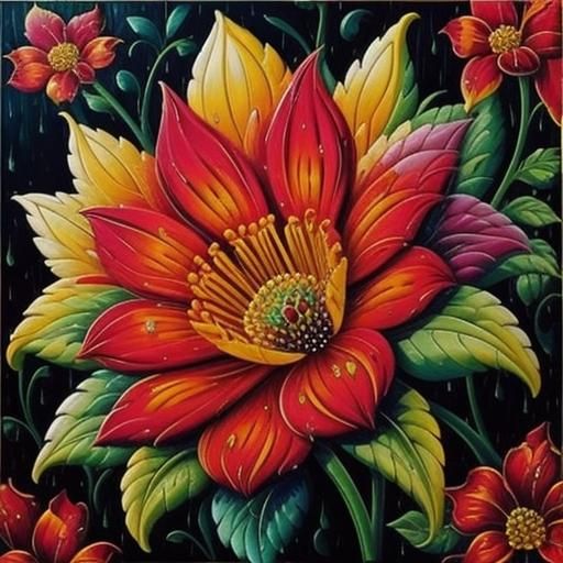 Bright flower Oil Painting Zentangle Impasto gouache Painting, Very Heavy Brush Strokes, Heavy Wet Oil Painting, Impast...