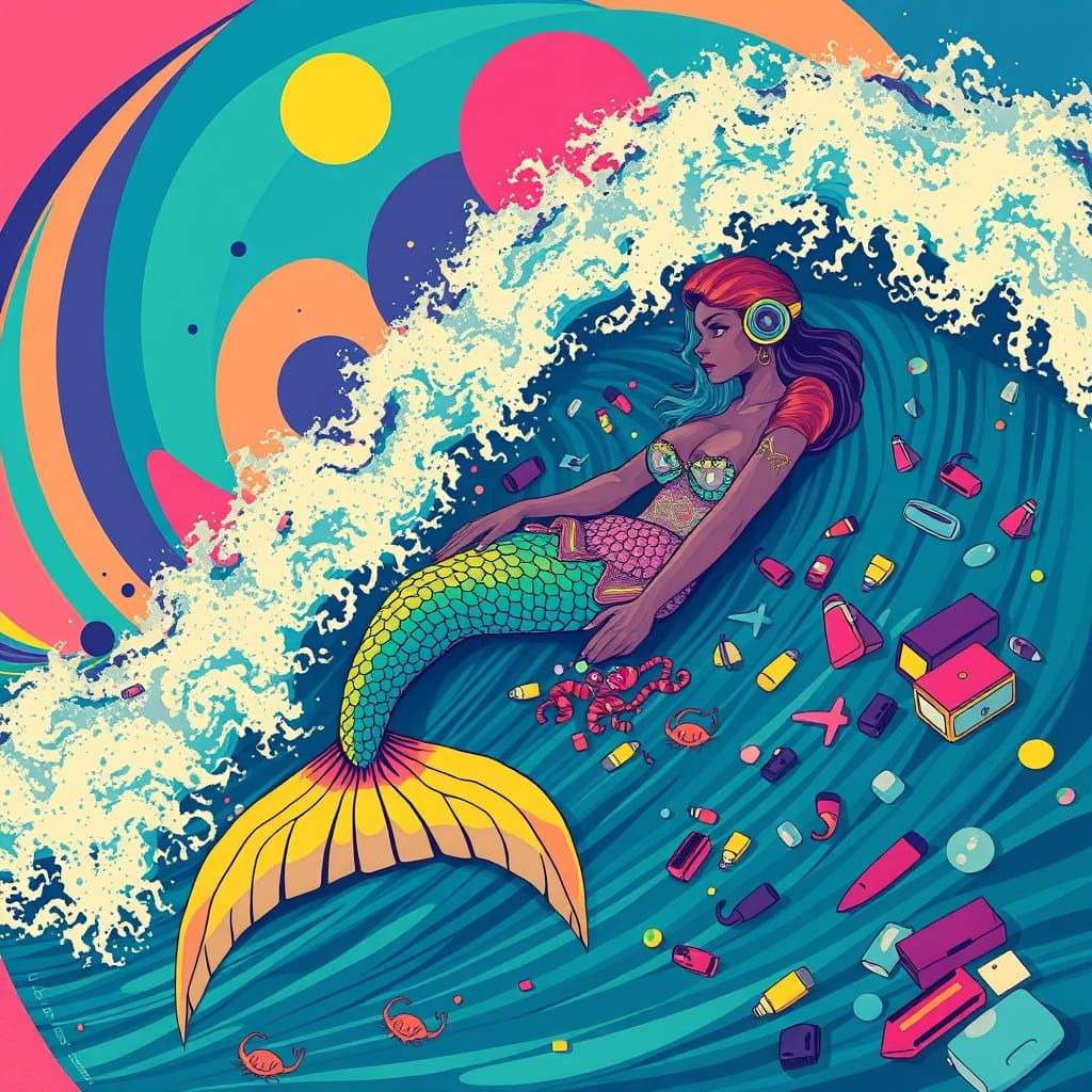 Vibrant Retro-Futuristic Mermaid in Psychedelic Oceanic Scen...
