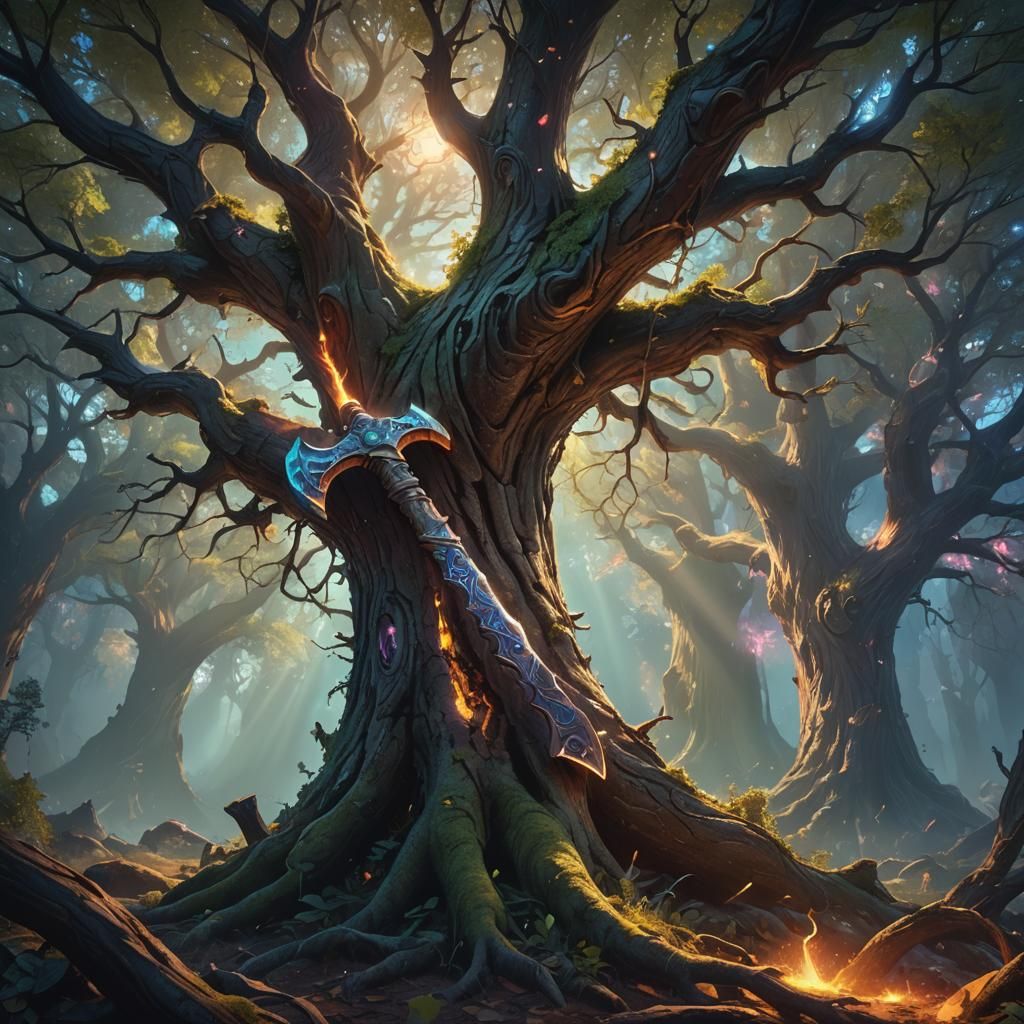 Ethereal Axe Cutting Ancient Tree: Fantasy Concept Art