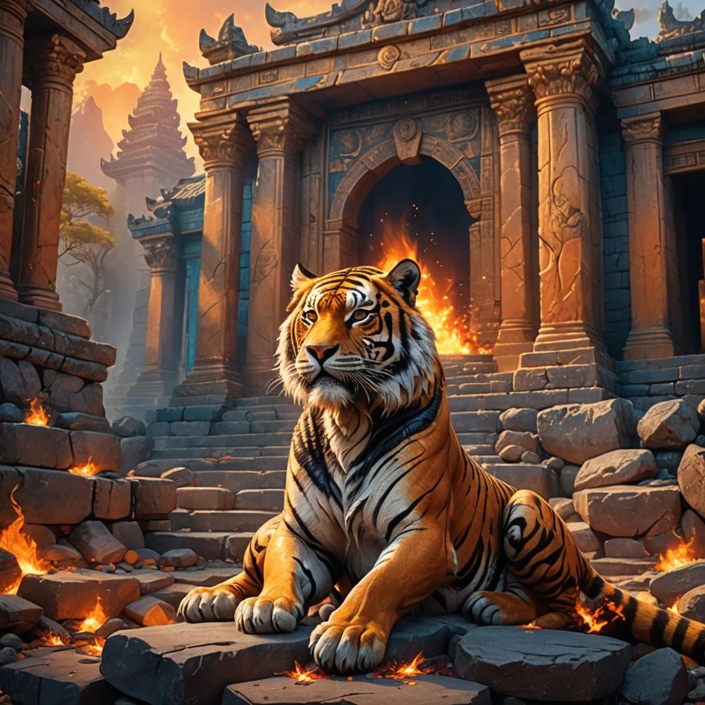 Flame Tiger in Temple Ruins: Fantasy Concept Art