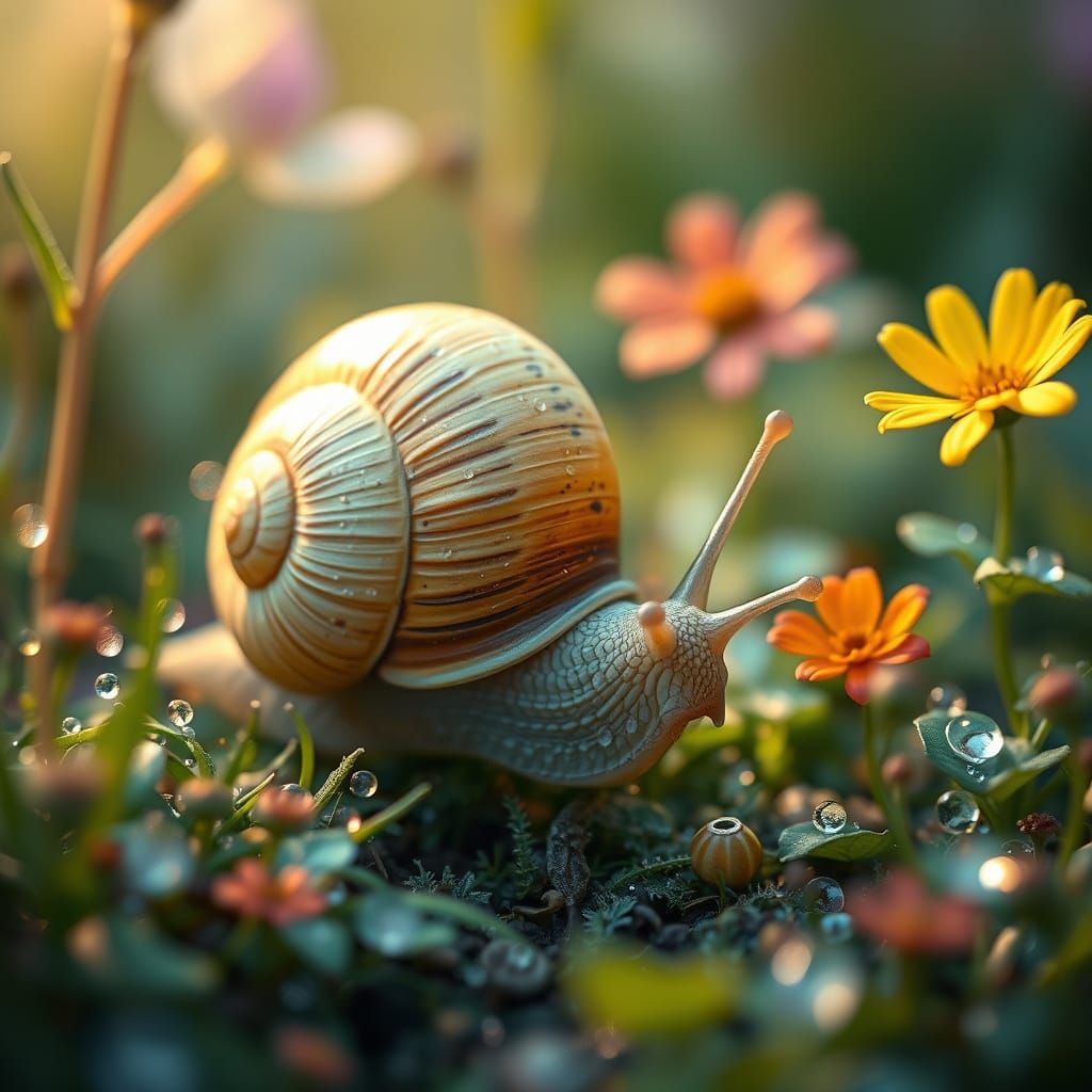 Snail's Whimsical Garden Adventure: Dreamy Ethereal Art
