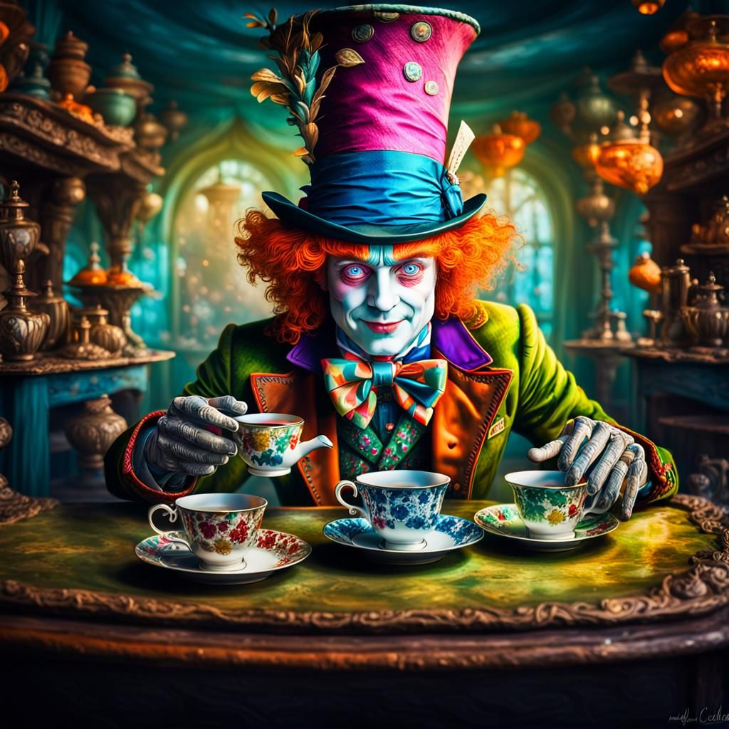 Alice in Wonderland ( Mad Hatter) serving tea in a fantasy world with (inverted gravity) head and shoulders portrait. Co...