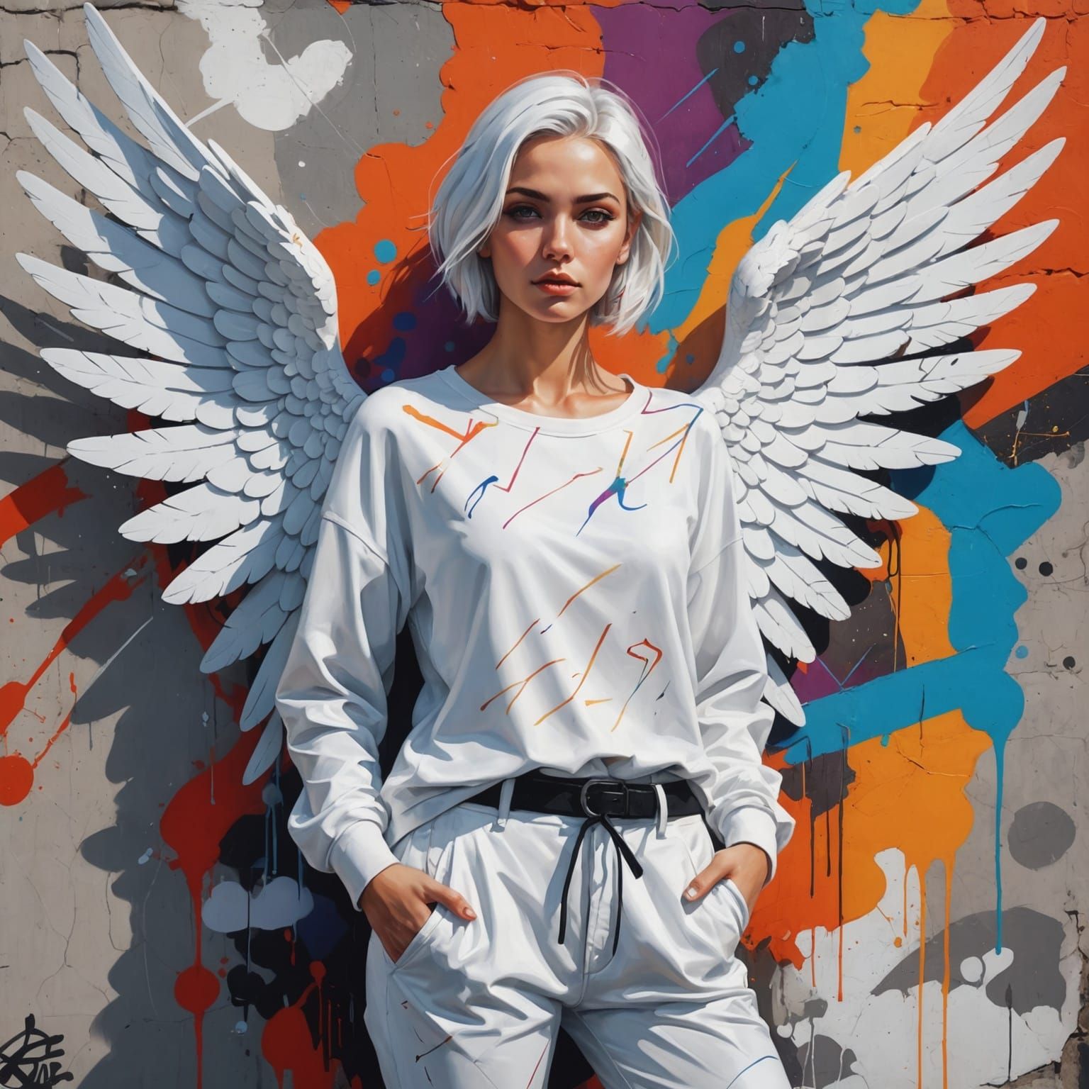 Beautiful White Marble Angel in Graffiti Art Style