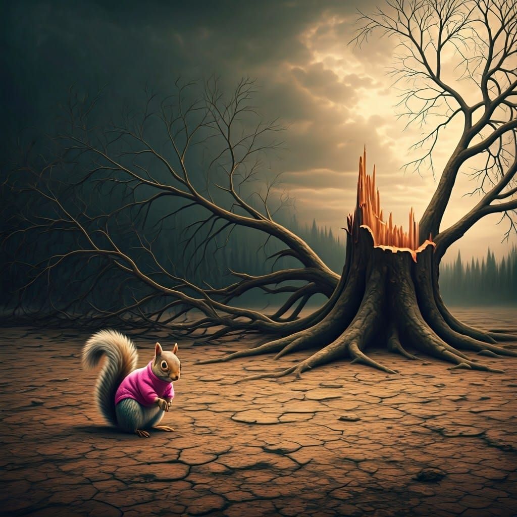 Squirrel in Pink Outfit on Barren Land