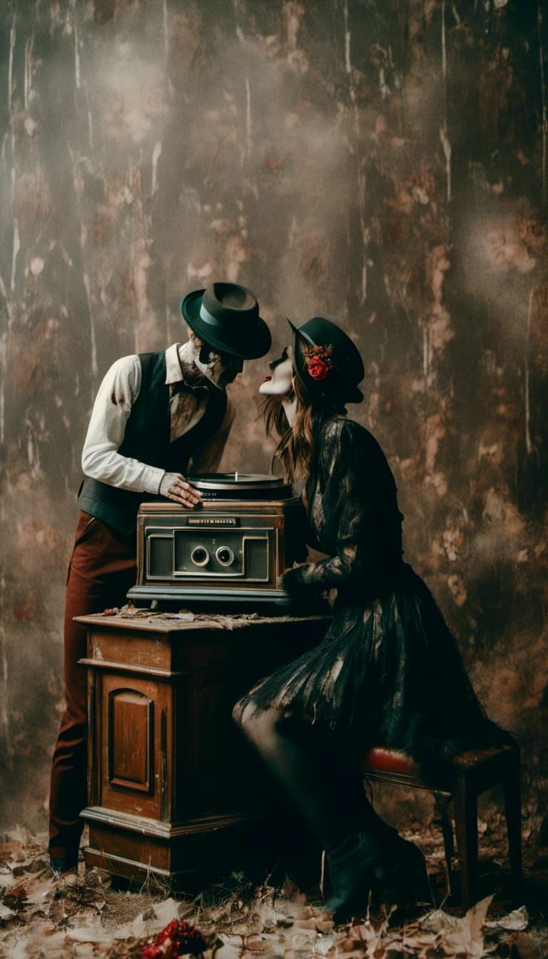 Romantic Kiss by Record Player in Macabre Style