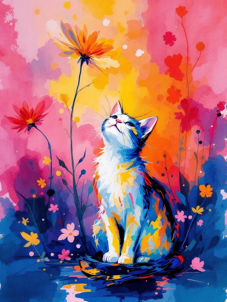 Adorable Cat Amidst Vibrant Watercolor Blooms