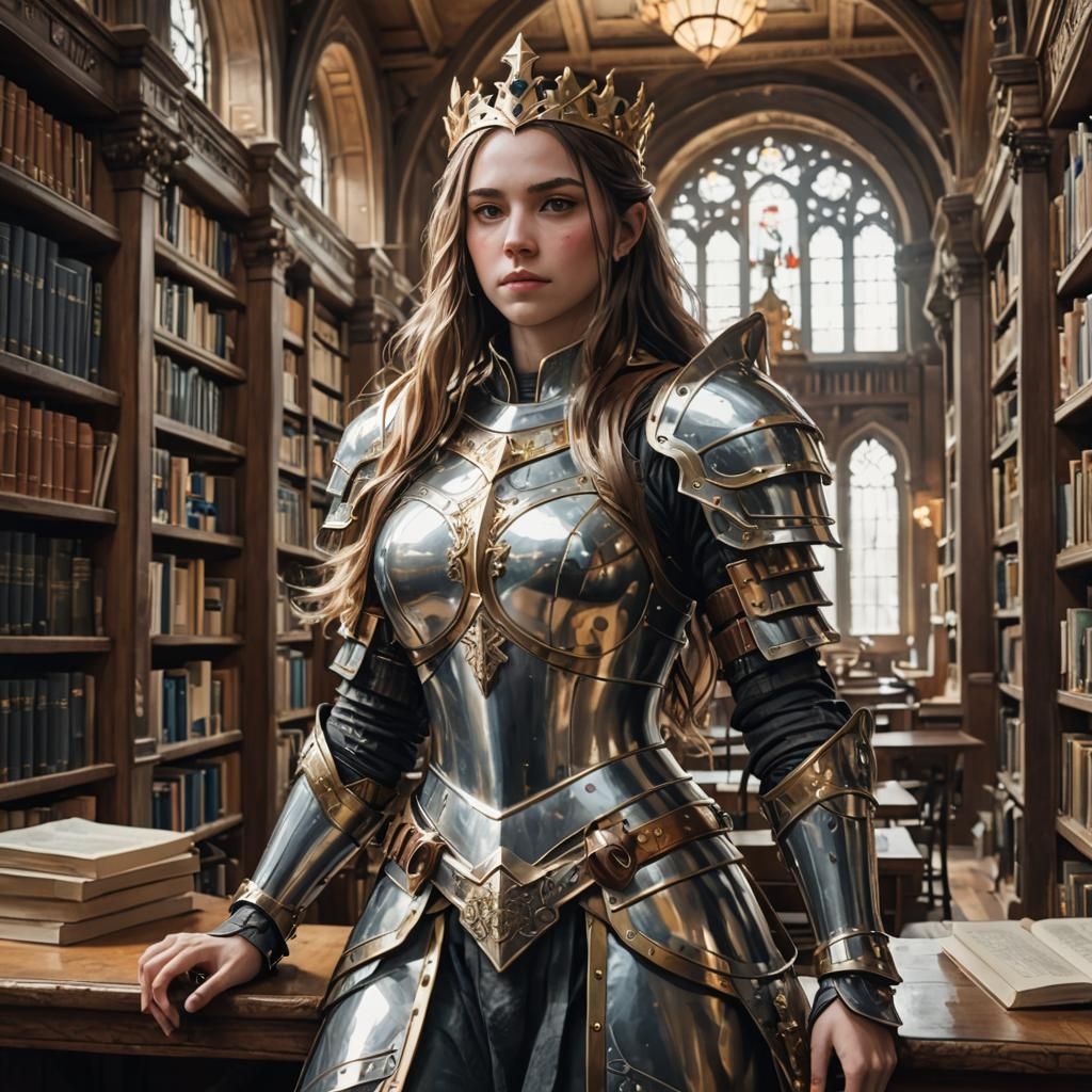 Girl in Armor with Crown in Library