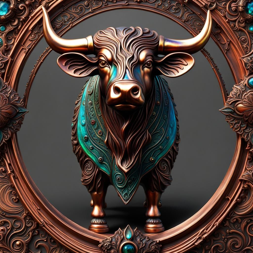 Oxidized Copper Bull in Photorealistic Style