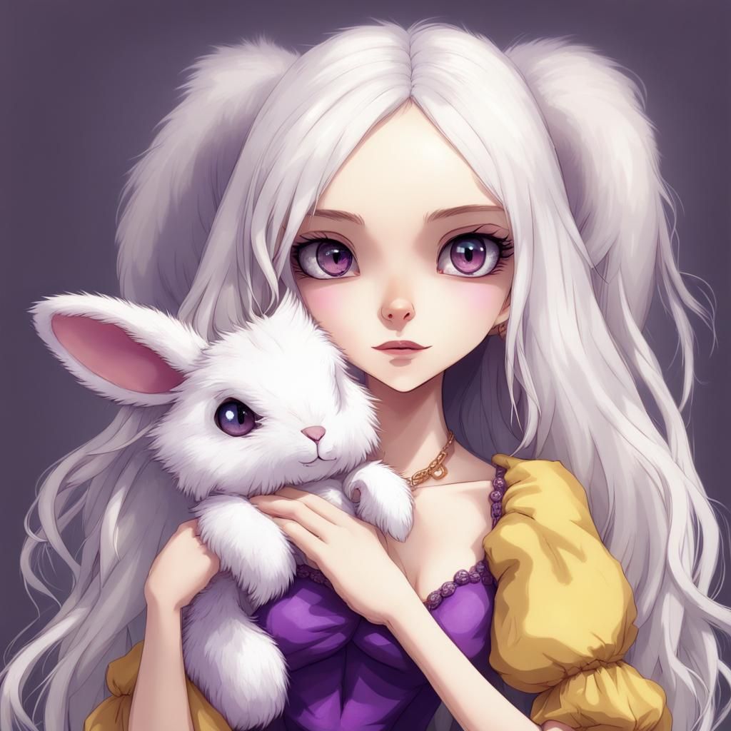 White-Haired Character with Yellow Eyes Holding Rabbit