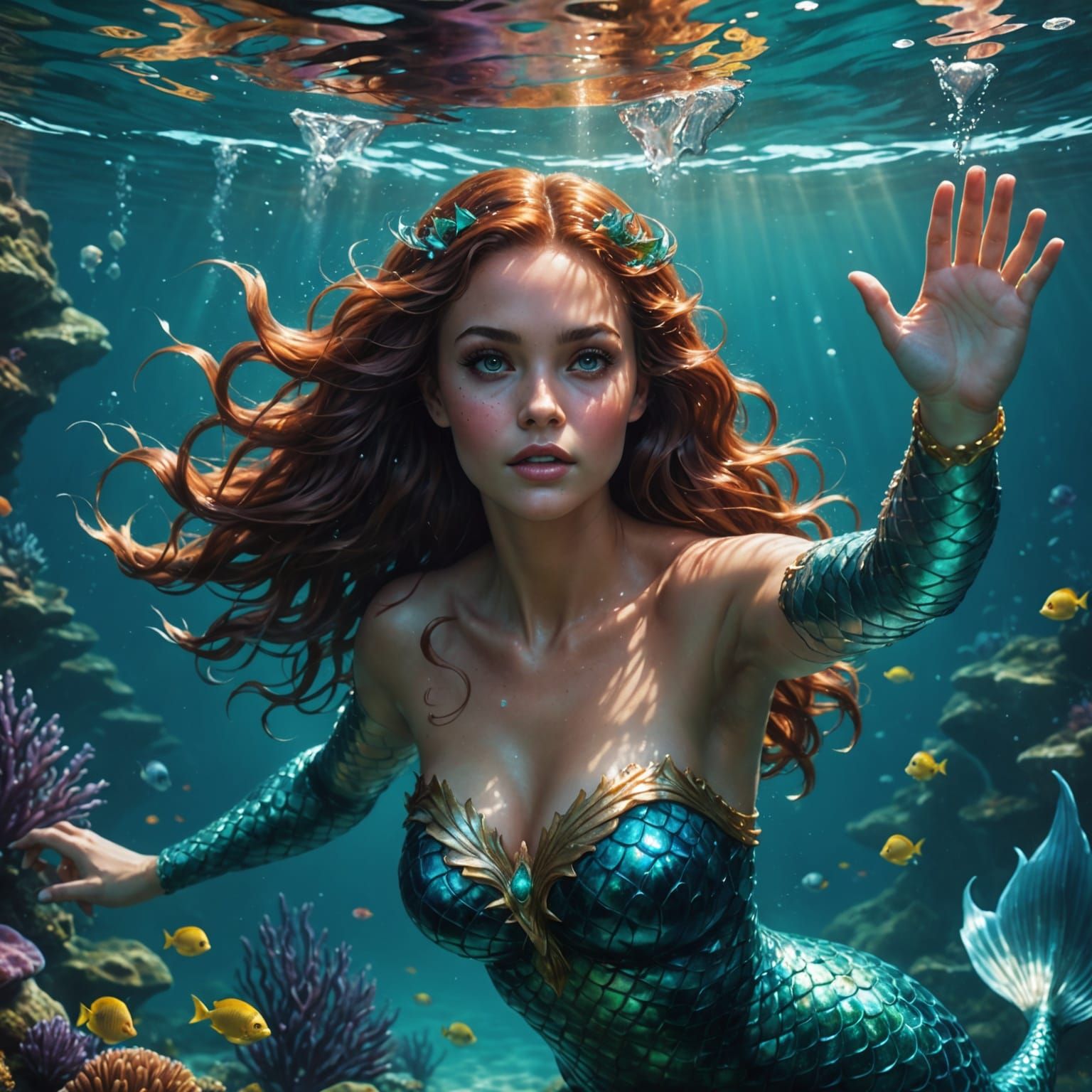 Gorgeous Mermaid Swimming Underwater in Hyperrealistic Style