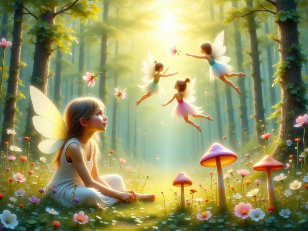 Whimsical Fairies Dance in a Sunlit Forest Glade