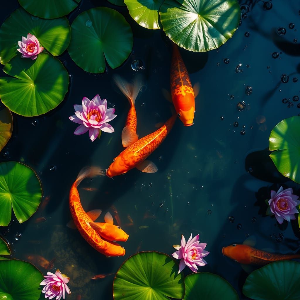 Aerial View of Water Lily Pond with Goldfish