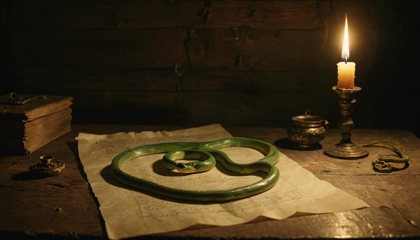 Atmospheric Film Still: Snake, Paper, and Candle
