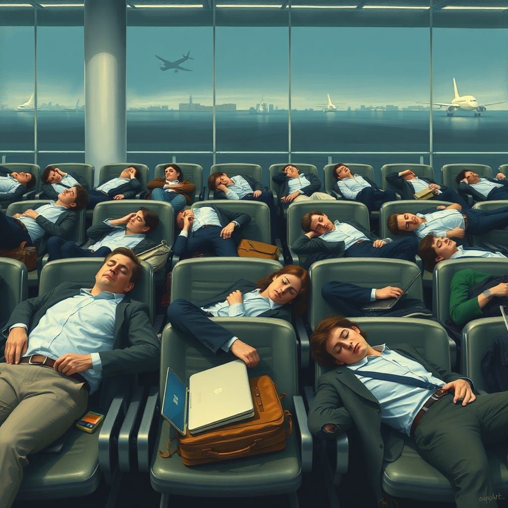 Surreal Scene of Co-Workers Drowsy at Airport
