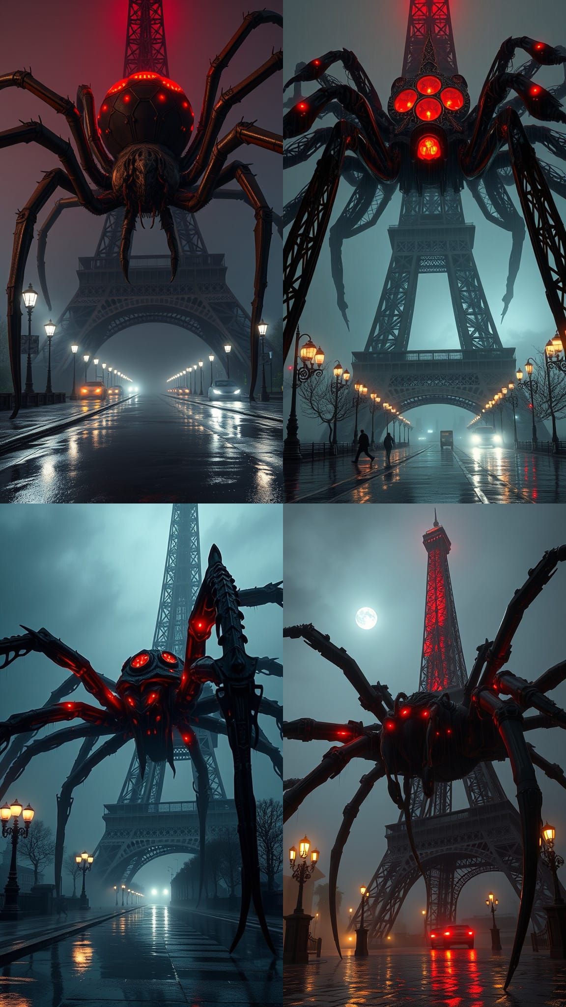 Eiffel Tower Spider Creature in Foggy Paris Night
