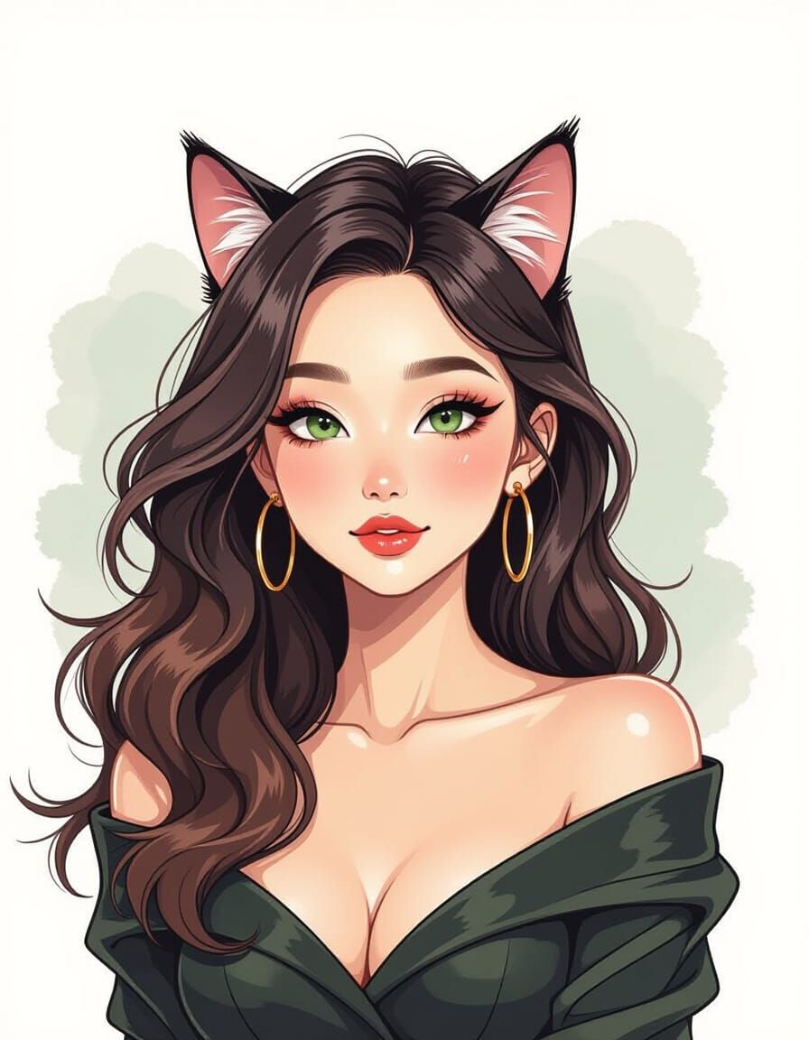 Wild Cat-Woman Portrait in Ink and Watercolor Style