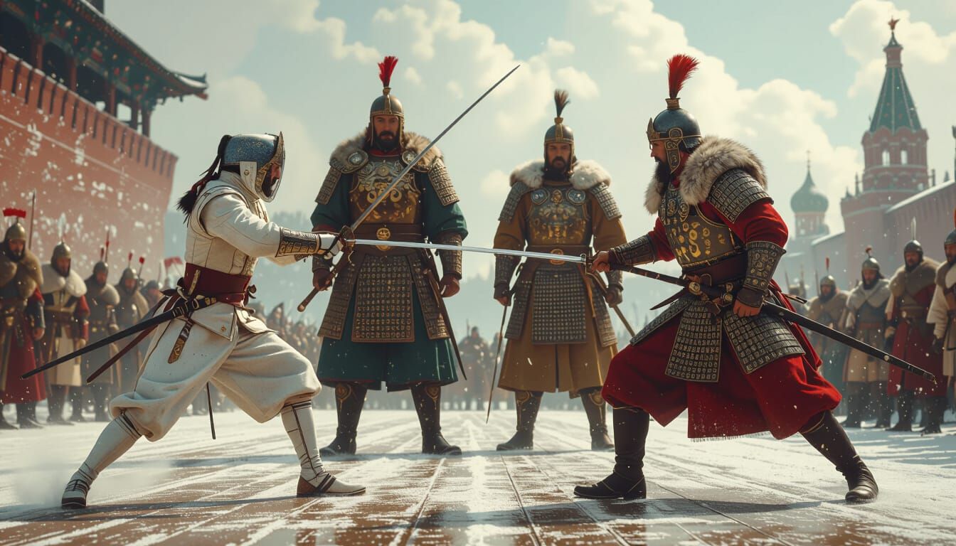 Fencers Duel Against Ancestral Russian Warrior Background
