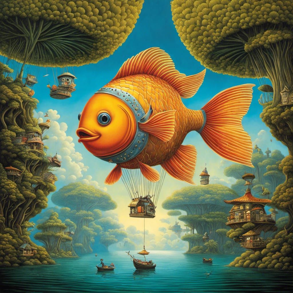 Fish Parachuting in Visionary Art Style