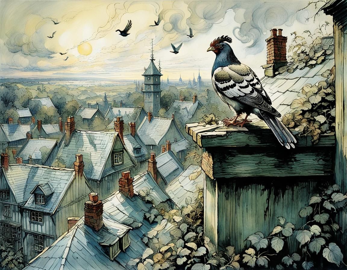 Town with Chimneys and Pigeons, Detailed Art