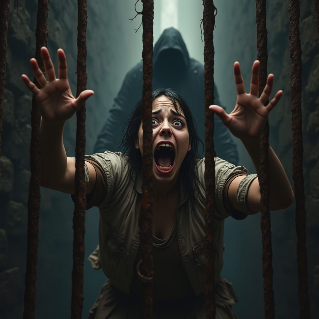 Screaming Woman Trapped in a Dark, Weathered Gibbeting Cage