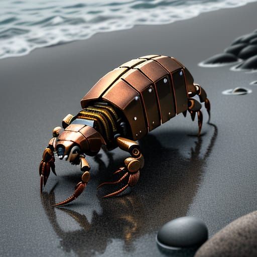 Shimmering Metal Lobster on a Coastal Shore