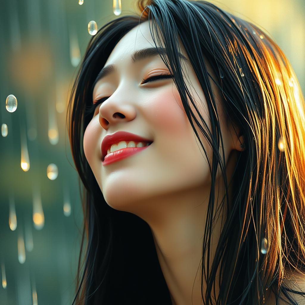 Radiant Woman in Rain: An Impressionistic Portrait