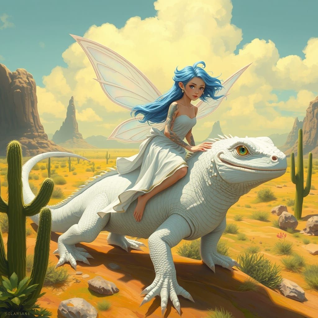 Fairy Riding Lizard in Green Desert, Digital Art