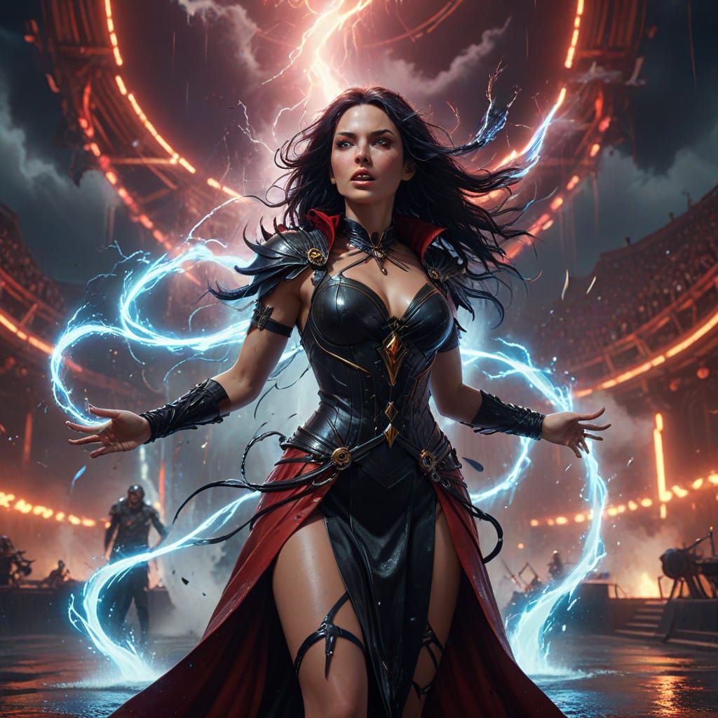 Ethereal Rock Goddess Amidst Whirlwind of Water and Light