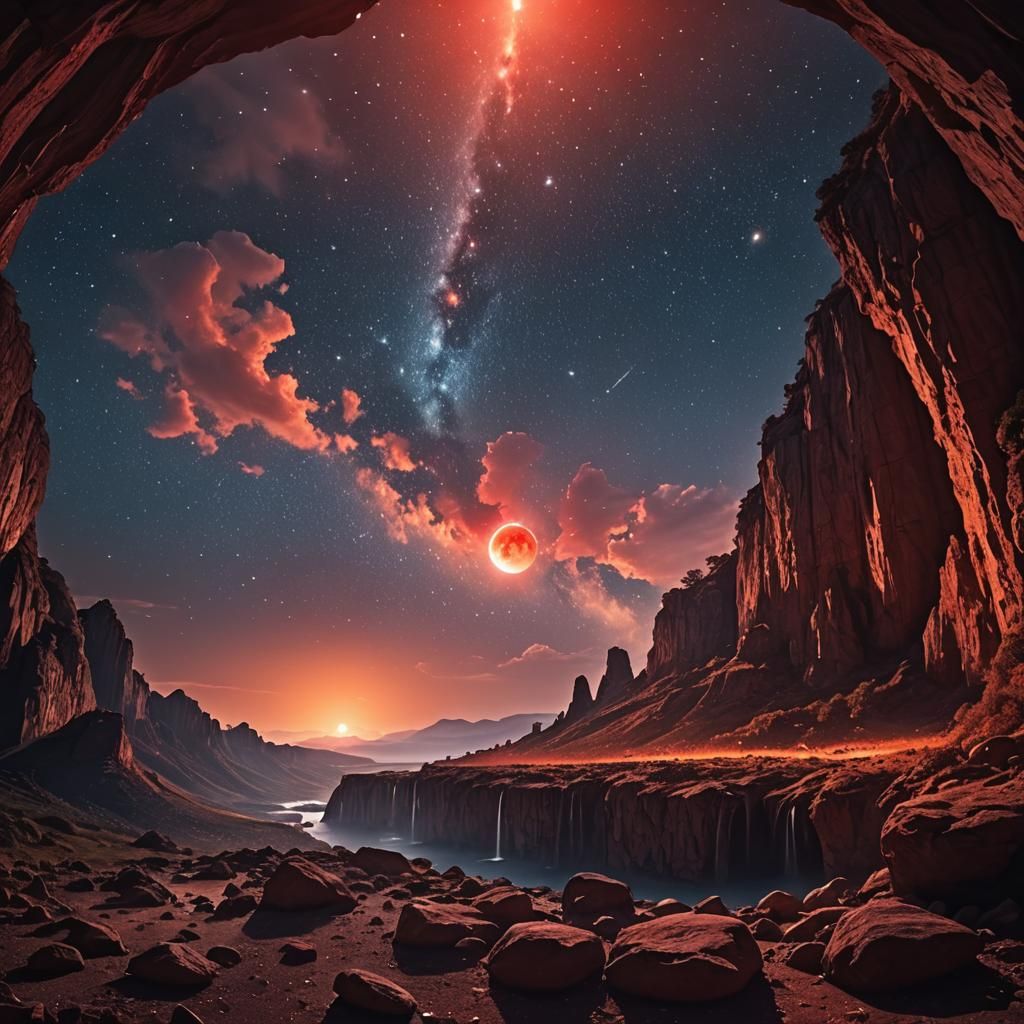 Falling Stars in Cave Under Red Moon