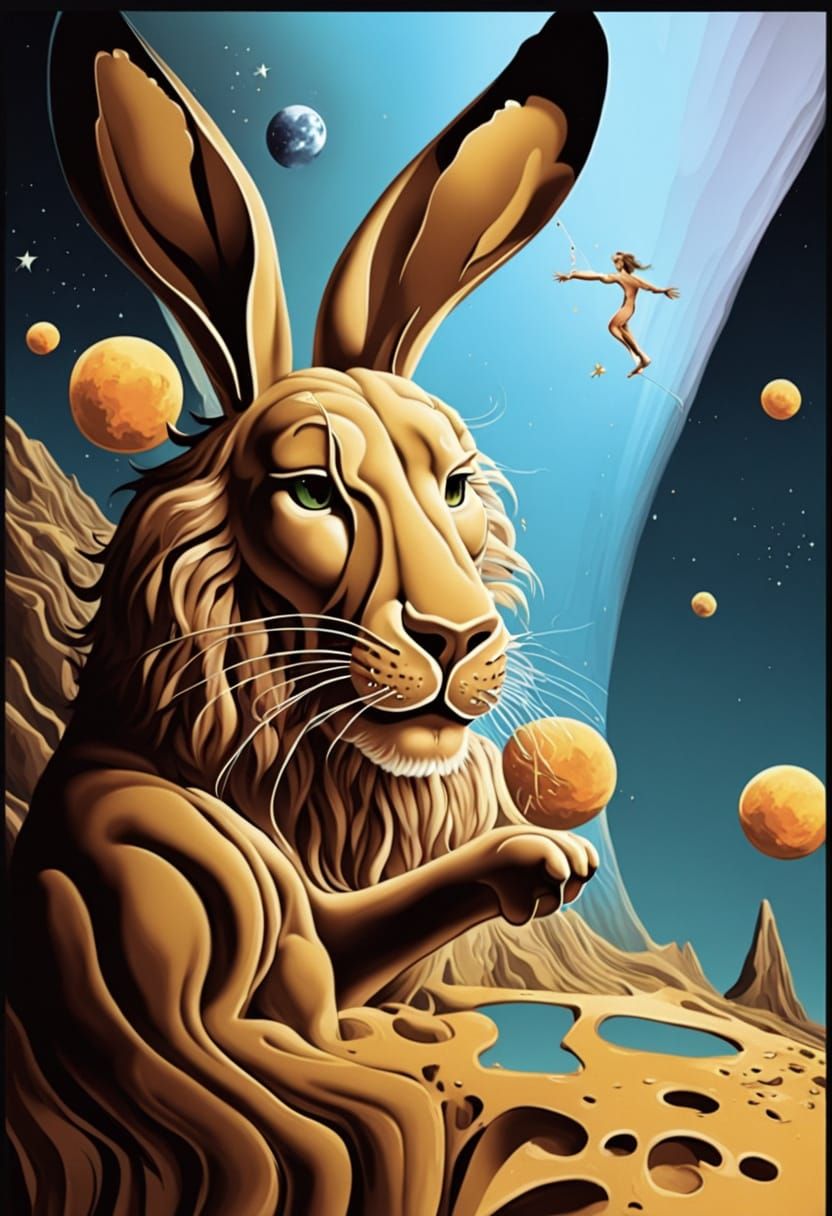 Cosmic Hare-lion Leaps into Surreal Lunar Landscape
